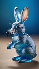 Fototapeta na wymiar Photo Of A Glass Figurine Of A Rabbit Sitting On Top Of Its Back Legs In Front Of A Blue Background.