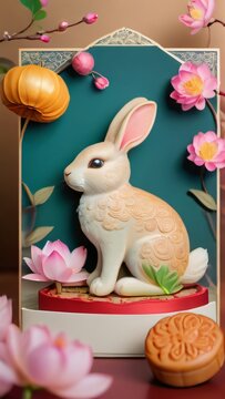 Photo Of Charming Midautumn Festival Card With A Playful Rabbit And Ornate Mooncakes On A Backdrop Of Lotus Blossoms In Soft Pastels.