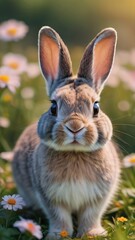 Fototapeta premium Photo Of Cute Bunny Rabbit With Big Eyes Standing In A Field Of Flowers Illustration.