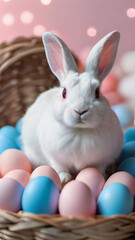 Photo Of A White Rabbit Sitting In Front Of A Group Of Pink And Blue Eggs With A Basket Of Pink And White Eggs In The Background.