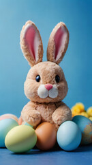 Obraz premium Photo Of A Sweet Stuffed Bunny With Easter Eggs On The Blue Background, Edited Ai Illustration.