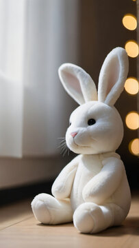 Photo Of A Cuddly White Plush Toy Rabbit, Sitting And Waiting To Be Hugged.