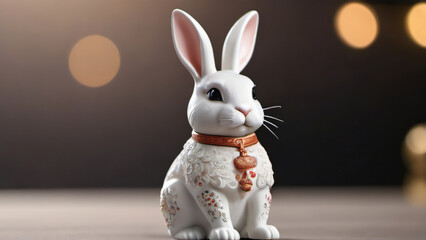 Photo Of 3D Ornamented Rabbit Figurine, Porcelain Bunny Render, Symbol Of Chinese New Year And Easter Holidays, Modern Minimal Design, Social Media, Sale, Greeting Technology.