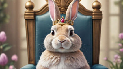 Photo Of An Illustration Of An Easter Bunny A Crown And Sitting On A Throne, Rendered In Watercolor...
