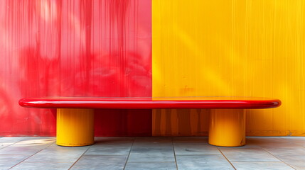 Minimalist red bench against vibrant yellow and red shipping container walls in urban setting.