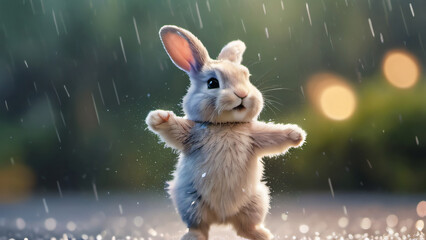 Photo Of Dancing Bunny In Watercolor Rain Whimsical Raindrops Playful Splashes Digital Illustration.