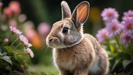 Fototapeta premium Photo Of Rabbit And Flowers.