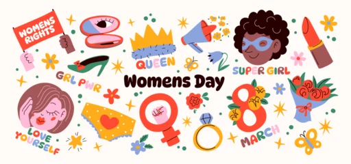 Foto op Plexiglas Set cartoon feminist stickers for March 8, International Women's Day. Stickers for the spring holiday, a bouquet of flowers, lipstick, girls power. Vector doodle set  © Limpreom