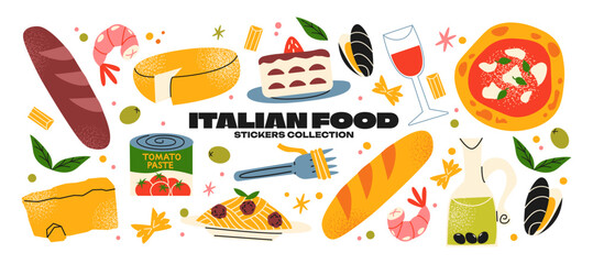 Cartoon Italian food stickers. Set of traditional dishes: pasta, pizza, cheese, ravioli, wine, olives. Tourist stickers, Italian delicacies. Vector set of elements - obrazy, fototapety, plakaty