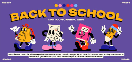 Cartoon mascot characters back to school in 90s retro groovy style. Walking with a backpack, a notebook, a pencil with gloved hands. Vector poster education, training.