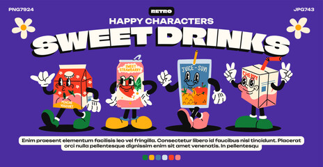 Cartoon mascot characters drinks in 90s retro groovy style. Carbonated liquid, fruit cocktail, juice. Walking doodle characters with signed hands. Vector acid poster