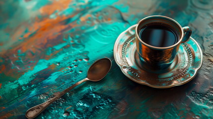 Cup of black coffee on a textured turquoise and brown background, with artistic atmosphere.