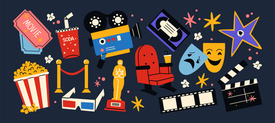 Set cartoon movie cinema stickers, labels, tags, patches.Popcorn, film, cinema. Funky groovy hipster stickers in 90s style. Vector set, trendy promo labels