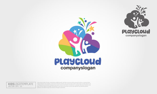 Play Cloud Vector Logo Template.This logo is warm and bright sign, kids and cloud that consists from different colorful lines. Our logo could be used as the main identity for art studio, design studio