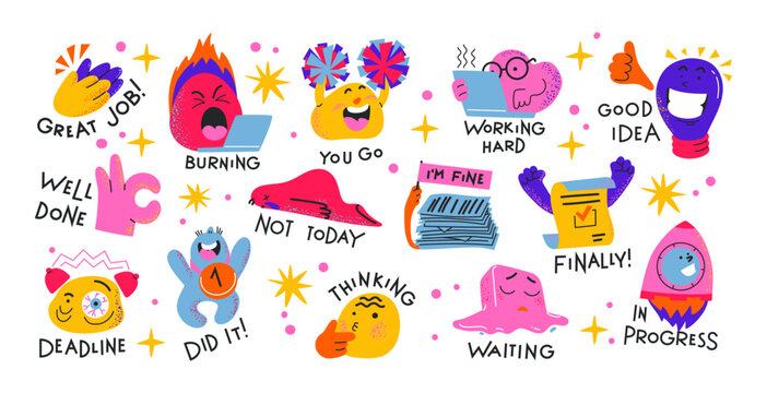 Cartoon retro stickers comic work characters. Labor, schedule, business, office retro blot characters with emotions. Vector doodle groovy funky mascots in 90s style	