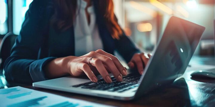Banner with businesswoman's hands on laptop computer keyboard