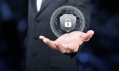 Cybersecurity concept icons in business man hand