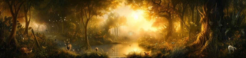 A twilight scene in the Garden of Eden, where the setting sun bathes the garden in a soft, golden...
