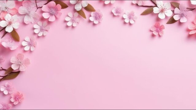 Hello Spring text animation with Cherry blossom leaves decorations background. Generative AI