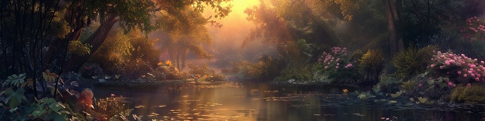 A twilight scene in the Garden of Eden, where the setting sun bathes the garden in a soft, golden light, highlighting the delicate balance of nature in this idyllic, mythical paradise - obrazy, fototapety, plakaty