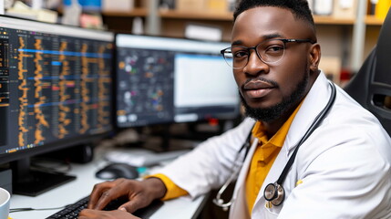 Fototapeta premium Confident male doctor working at a desk with multiple computer screens showing medical data.