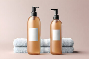 Fototapeta na wymiar Empty bottle for soap or shampoo, mockup mockup. Shampoo bottle with towels in the background. Mock up display for cosmetics, make up, scent and skincare concept, beauty and health sector.