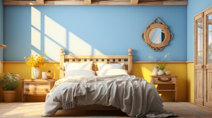 A cozy bedroom featuring a rustic wooden bed frame against a backdrop of soft, sky-blue walls and accents of sunny yellow, creating a charming and inviting atmosphere.