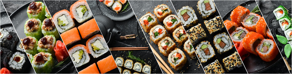 Photo collage. japanese sushi food. Maki and rolls with tuna, salmon, shrimp, crab and avocado. Top view of assorted sushi. Rainbow sushi roll, uramaki, hosomaki and nigiri. - obrazy, fototapety, plakaty