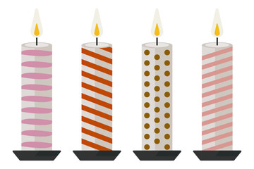 Set of Christmas, birthday, Advent, celebration candles with different colorful decorative patterns