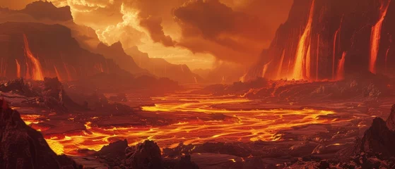 Foto op Canvas A vision of hell as a vast, infernal landscape, with rivers of lava flowing between jagged volcanic rocks, and ominous, smoky skies overhead. © Bilas AI