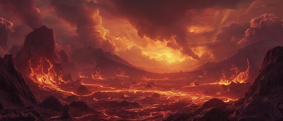 A vision of hell as a vast, infernal landscape, with rivers of lava flowing between jagged volcanic rocks, and ominous, smoky skies overhead. - obrazy, fototapety, plakaty