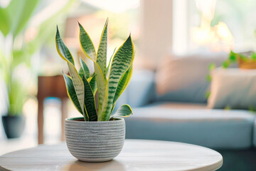 Sansevieria or snake plant in a pot on blurred living room interior background.