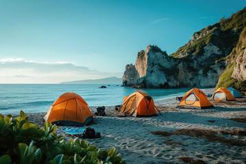 Campistas disfrutando de una acampada respetuosa en la playa, resaltando la importancia del turismo responsable