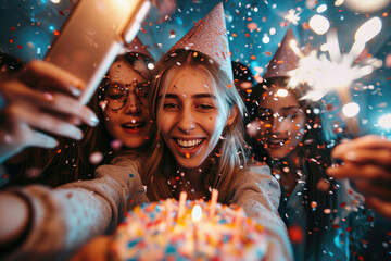 Adolescentes disfrutando de un cumpleaños entre amigos y compartiéndolo por redes sociales - obrazy, fototapety, plakaty