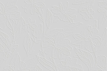 Embossed tropical palm leaves and flowers seamless pattern topic leaves relief white background