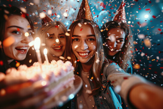 Adolescentes disfrutando de un cumpleaños entre amigos y compartiéndolo por redes sociales