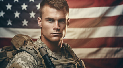 American US soldier against the background of the American flag. USA Independence Day, July 4th. Patriotic Holiday