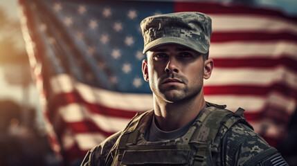 American US soldier against the background of the American flag. USA Independence Day, July 4th. Patriotic Holiday