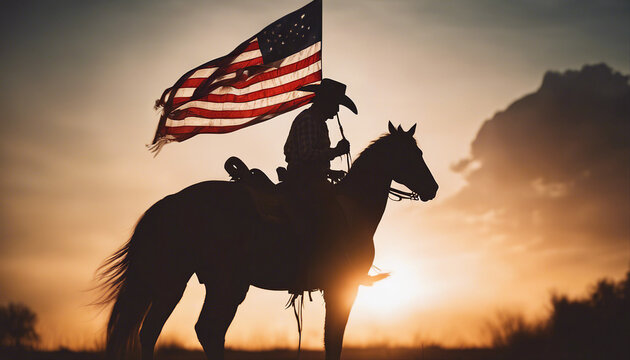 silhouette of a cowboy with an American flag on his horse, sunset
