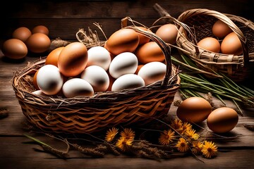 eggs in a basket, Dive into a scene of rustic charm and simplicity with a captivating view of fresh brown chicken eggs nestled in a basket, resting on a vintage wooden table