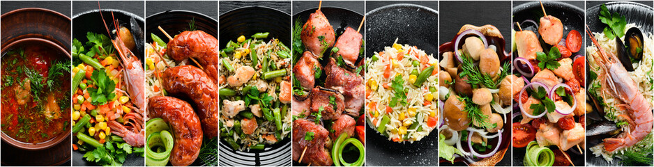 A photo collage of vegetables, meat and seafood dishes. A set of dishes in plates. Photo banner for a food site. - Powered by Adobe