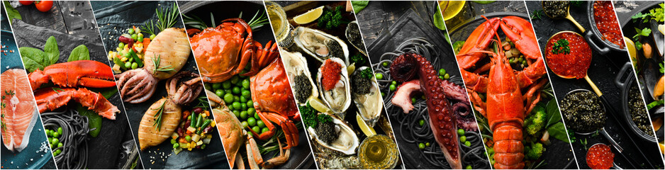 Photo collage. Set of Seafood Dishes. Seafood on a plate. On a dark stone background. Advertising...