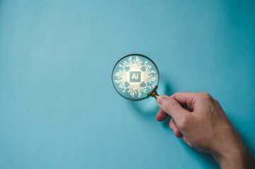 AI Insight Amplifying Understanding Through Technological Lens, hand holding magnifying glass with...