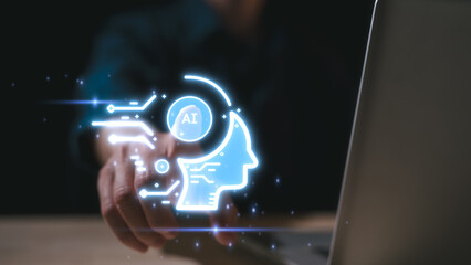 Tech Savvy Innovator Exploring AI Integration in Digital Workspaces, businessman working on computer touching ai icon