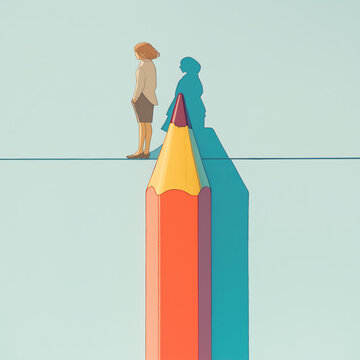 Feminist Concept: Woman Balancing on Pencil with Contrasting Colors