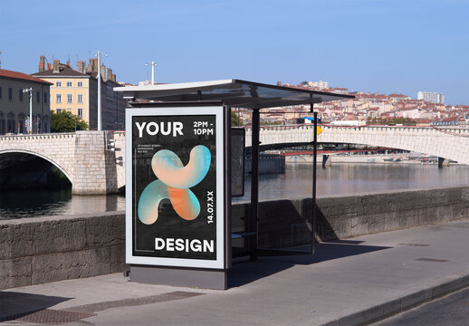 Mockup of customizable vertical sign on bus stop