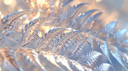 Sunlit fern fronds close-up, warmth mingling with frost, a ballet of hot and cold, flowing forms.