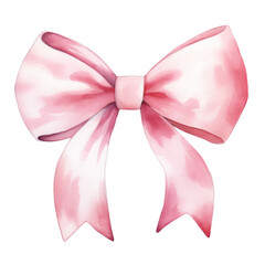Pink bow ribbon, watercolor illustration, png isolated background.