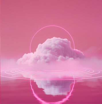 pastel pink background with a cloud in the center of the image, a neon pink laser circles it, perfect symetry vapor wave, grain