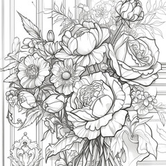 line art floral black and white background . design for coloring book